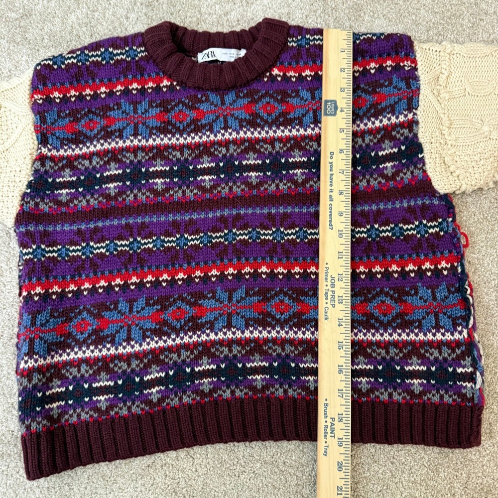 Zara Womens Fair Isle Mixed Knit Sweater Purple Red Cable Knit Sleeves Small - Picture 8 of 9